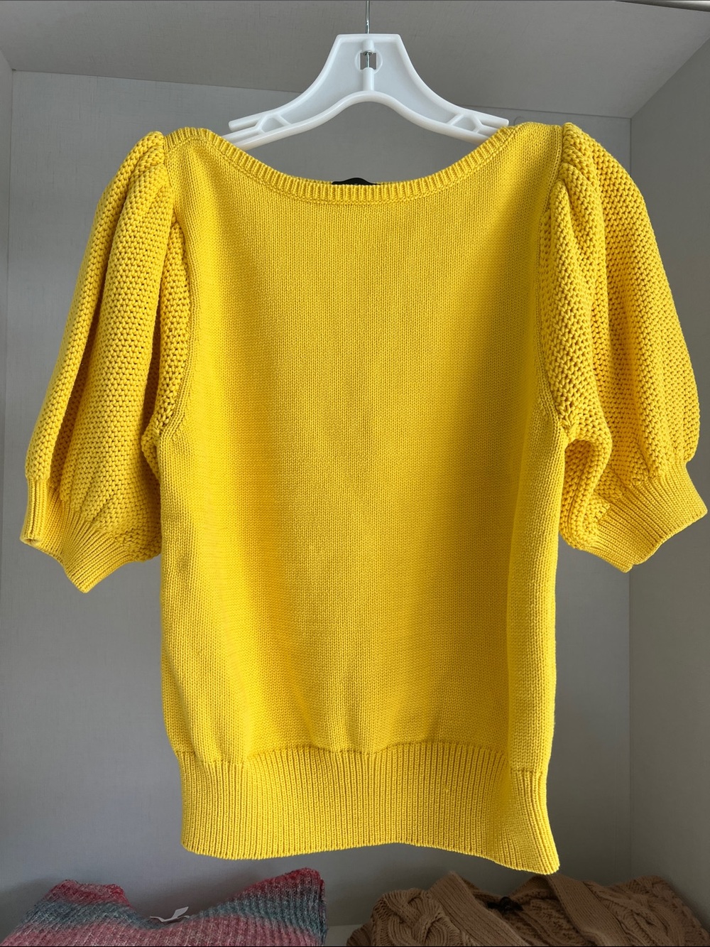 Ann Taylor Yellow Puff Sleeve Crochet Sleeve Sweater